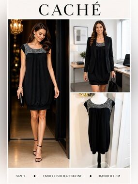 Vintage Cache Black Embellished Scoop Neck Shift Dress Banded Hem Size L💛